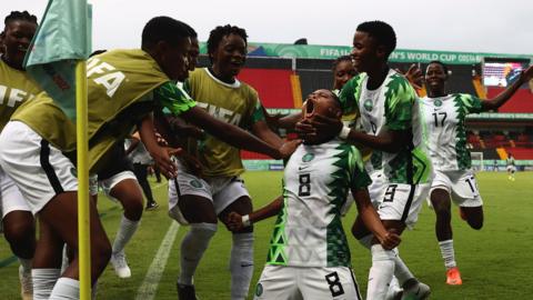 Nigeria Under-20 Women celebrate a goal by Esther Onyenezide