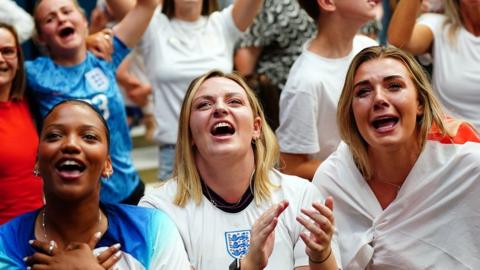 England fans celebrate following a screening of the FIFA Women's World Cup 2023 semi-final