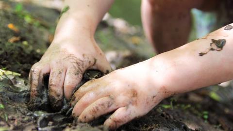 Stock image of a child with muddy hands