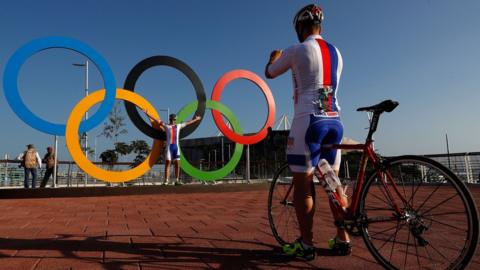 Track cyclists Adam Ptacnik and Pavel KeleMen of Czech Republic pose for a photograph in front of the Olympic rings ahead of the 2016 Summer Olympic Games on July 31, 2016 in Rio de Janeiro, Brazil.