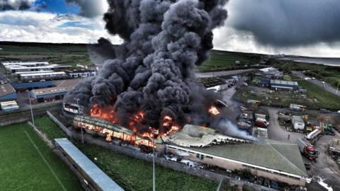 Aerial picture of fire in Maryport, Cumbria