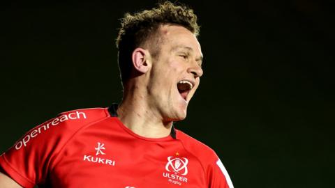 Billy Burns celebrates scoring a try for Ulster