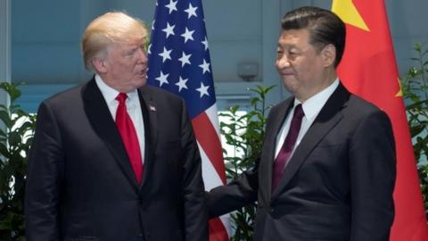 US President Donald Trump and Chinese President Xi Jinping (R) meet on the sidelines of the G20 Summit in Hamburg, Germany, 8 July 2017