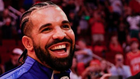 Drake at a basketball game in Houston