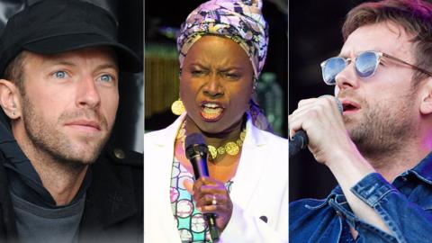 L-R: Chris Martin, Angelique Kidjo and Damon Albarn