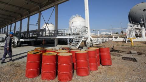 Oil barrels at Bai Hassan oil field in Iraq