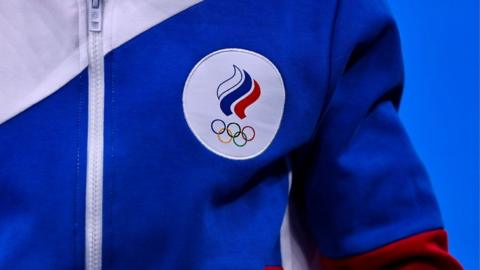 The logo of the ROC Russian Olympic Committee team on a sports jacket