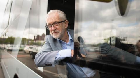 Labour leader Jeremy Corbyn on an "eco bus" in Nottingham