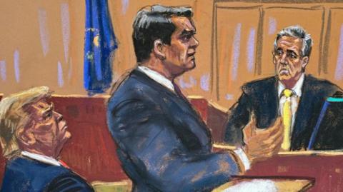 Michael Cohen is cross-examined by defence lawyer Todd Blanche while Donald Trump watches on, in this courtroom sketch.