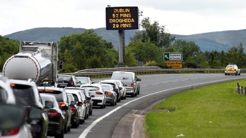 Traffic queuing on the main Belfast to Dublin road, outside Newry