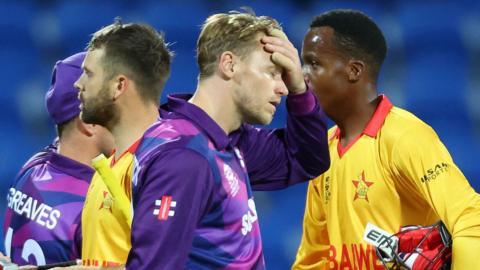 Scotland captain Richie Berrington cannot hide his disappointment after the loss to Zimbabwe