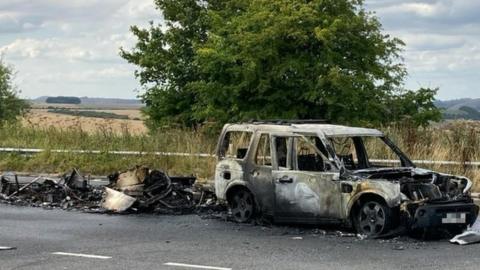 A car and a caravan was completely destroyed by a fire on the A303