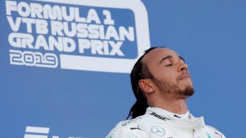 Lewis Hamilton on the podium after winning the 2019 Russian Grand Prix