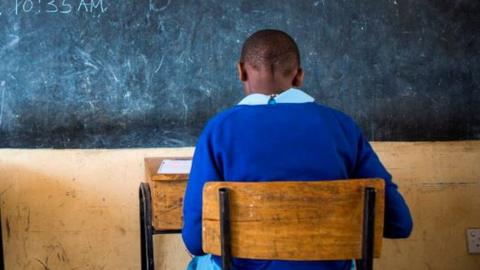 The back of a schoolgirl at her desk