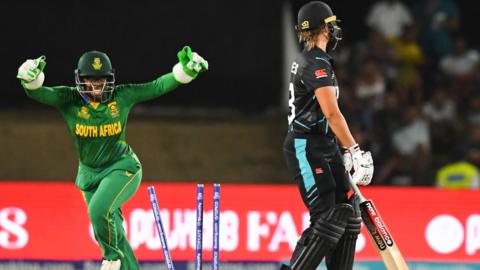 Sinalo Jafta celebrates after stumping Suzie Bates