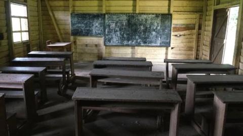 An empty classroom in a now abandoned school on May 12, 2019 in SW Cameroon. Many government paid teachers now refuse to go to schools in SW Cameroon after threats from armed separatists