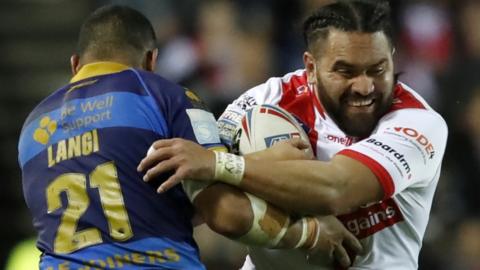 Konrad Hurrell carries the ball for St Helens against Wakefield