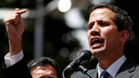 Venezuela's opposition leader Juan Guaido holds a news conference in Caracas