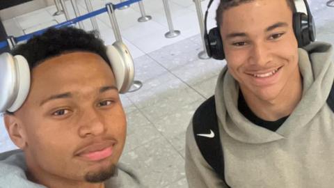 Notts County academy player Diego Edwards and Kieran Cooney on the way to international duty with St Kitts and Nevis