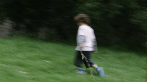 Young boy walking through field