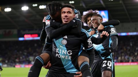 James Justin of Leicester City celebrates with Stephy Mavididi