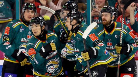 Belfast Giants celebrate beating the Guildford Flames