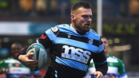 Cardiff wing Owen Lane running in for his second try against Benetton