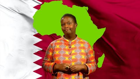 Composite of BBC Presenter, flag of Qatar and map of Africa