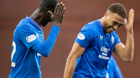 Rangers' Cyriel Dessers celebrates with Mohamed Diomande