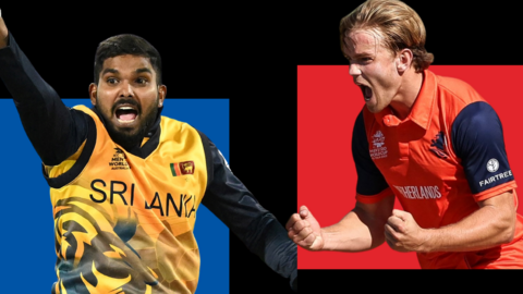 Graphic showing Wanindu Hasaranga of Sri Lanka (left) and Bas de Leede (Netherlands) celebrating