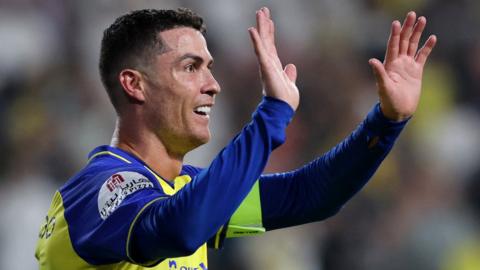 Cristiano Ronaldo celebrates scoring for Al Nassr