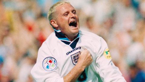 Paul Gascoigne celebrates his goal against Scotland at Euro 96