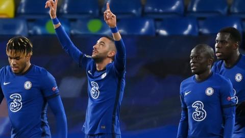 Hakim Ziyech (second left) celebrates after scoring for Chelsea