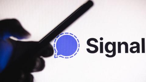 The Signal logo projected behidn someone using a phone in silhouette