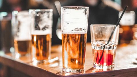 Drinks on a table in a bar