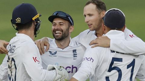 Mark Wood celebrates victory in Hyderabad