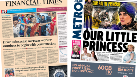 The headline in the Financial Times reads, "Drive to increase overseas worker numbers to begin with construction", while the headline in the Metro reads, "Our little princess"