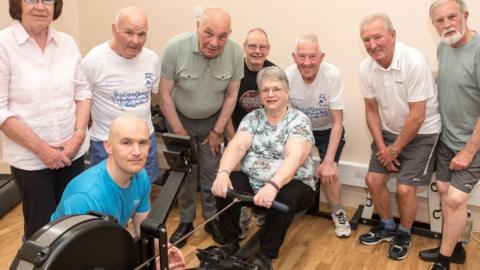 Ena Kerr with coach Davy Doherty from the project (blue T shirt) and Mary Campbell, Tony Lynch, Phillip Crossan, John Hegarty, Trevor McNulty, David Canning and Pat Bell