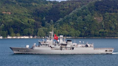 A Turkish frigate in the Bosphorus, 2019