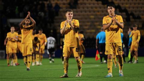 Wolves Under-21 players celebrate beating League Two Notts County in the EFL Trophy