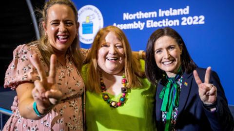 Alliance Party of NI Assembly elected candidates Kate Nicholl, party leader Naomi Long and Paula Bradshaw