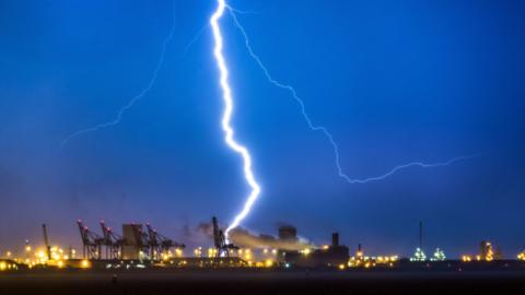 Lightning flashes over Humber estuary near Hull