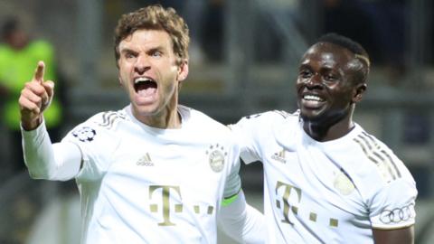 Thomas Muller and Sadio Mane celebrate after a goal for Bayern Munich against Viktoria Plzen