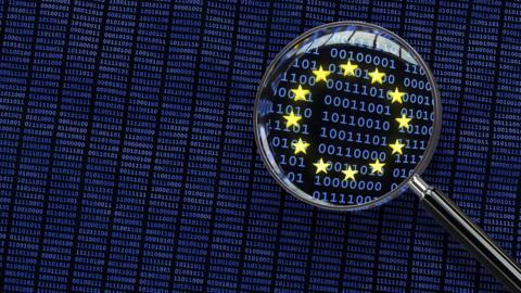 Illustration of binary digits and the EU logo under a magnifying glass