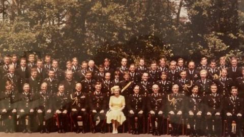 The Officers at Royal Marines Poole during the Queen’s visit on 27 June 1984.