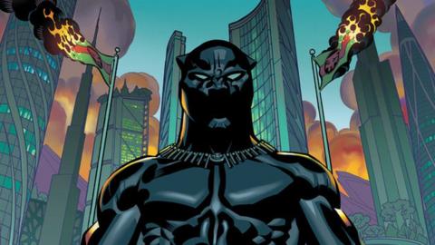Black Panther next to burning buildings