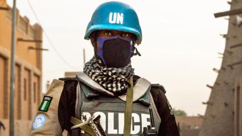 UN policemen on patrol in front on the Great Mosque in Timbuktu - 2021