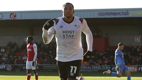 Nathaniel Mendez-Laing runs in celebration after scoring for Derby