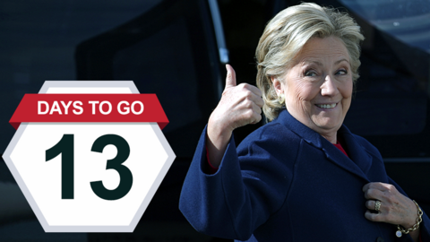 Hillary Clinton reacts before boarding her campaign plane at the Westchester County airport in White Plains, New York - 25 October 2016 (Reuters)