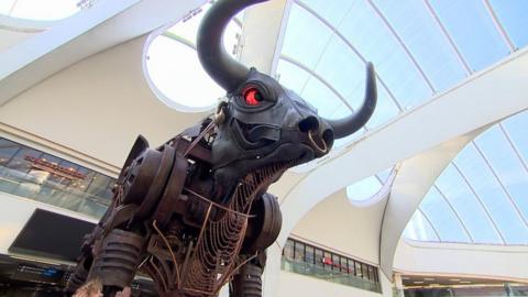 Ozzy the bull in his new home at New Street Station